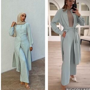 FARES Light Pastel Green Matching Long Button Down Shirt and Trousers Set